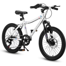 S20101 20 Inch Kids' Bike, Boys Girls Mountain Bike Ages 6-12, 7 Speed Teenager Children Kids' Bicycles, Front Suspension Disc Brake Rear V-Brake (Option: WHITE)